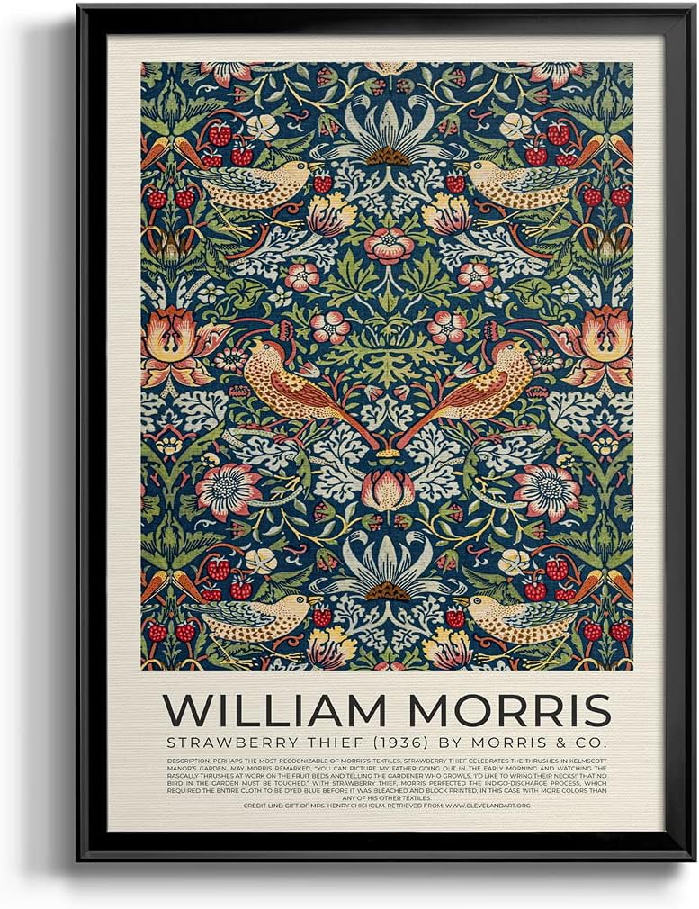 William Morris Wall Art Collection Décor Strawberry Thief (1936) Premium Framed Modern Art Print Artwork - Ready to Hang for Home and Office