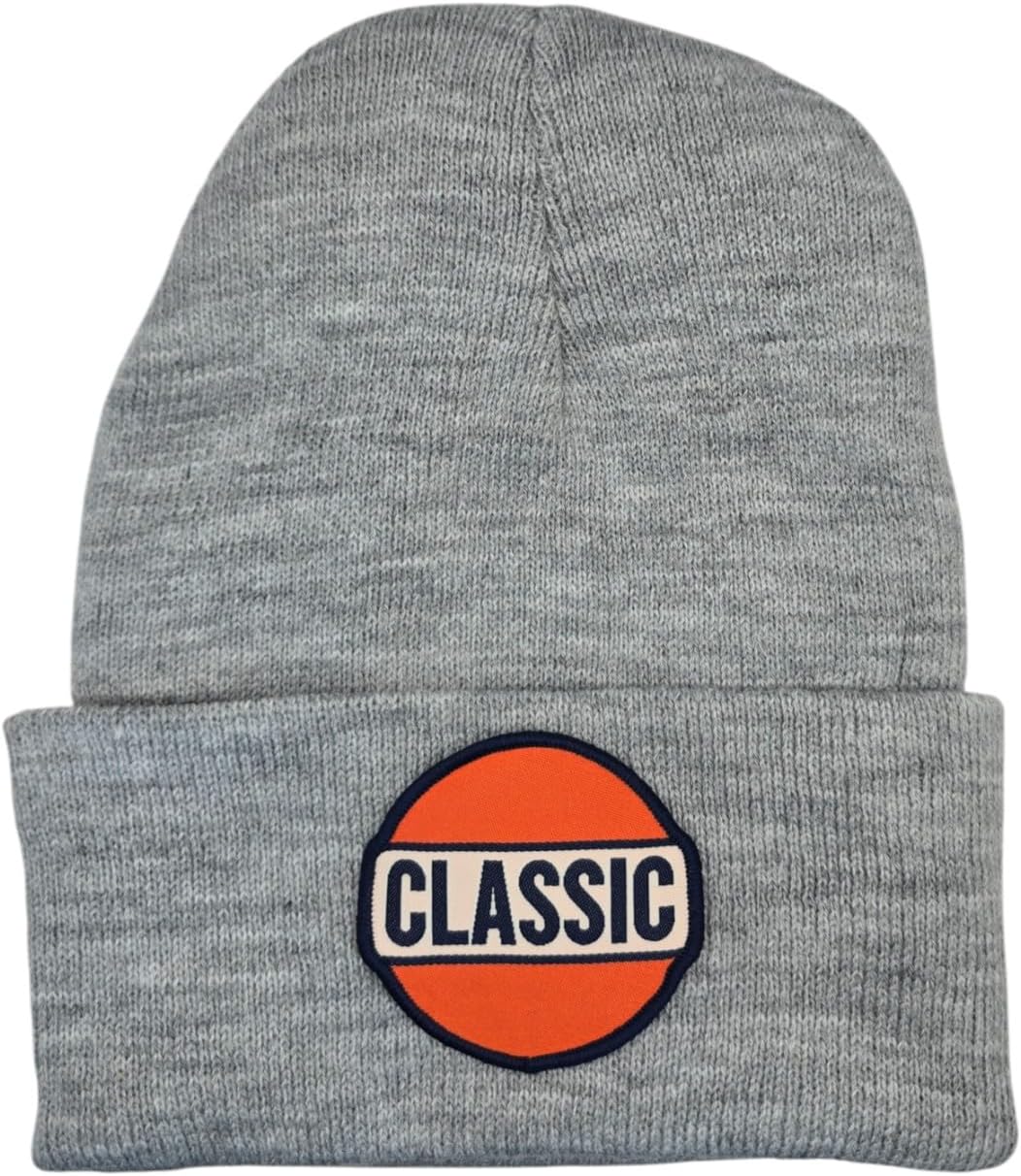 Retro Classic Beanie Hat - Heather Gray Vintage Gas Patch Knit Cap - Warm Winter Mechanic Gift | Old School Garage Gear