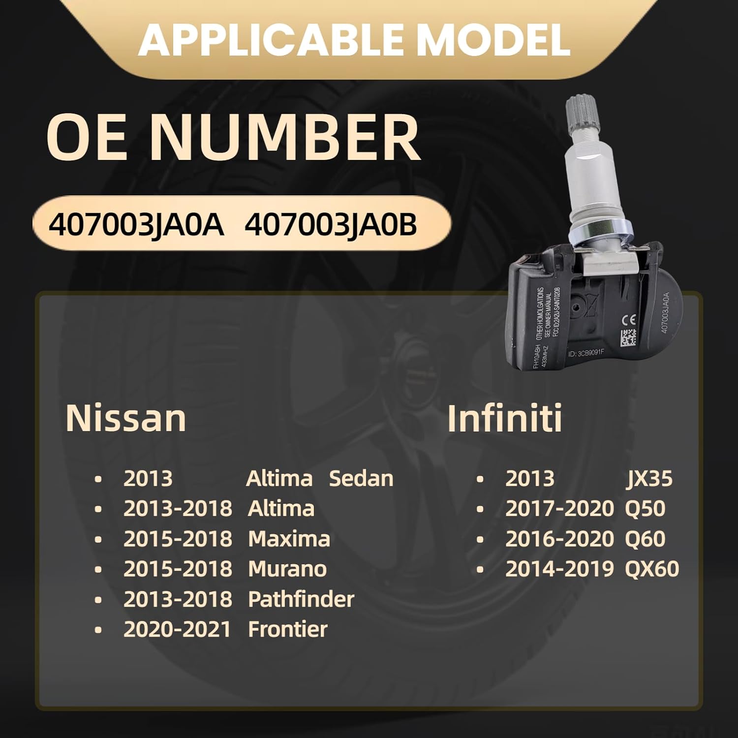 Tire Pressure Monitoring System Sensor (TPMS) 433 Mhz Compatible with JX35 Sport Utility Q60 Coupe QX60 Sport Utility Altima Coupe Altima Sedan Maxima Sedan 407003JA0A 407003JA0B 4-pc