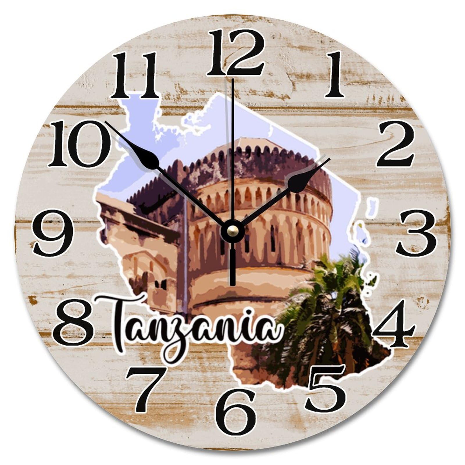 Horloge murale Tanzanie 25,4 cm avec paysage urbain et mécanisme silencieux