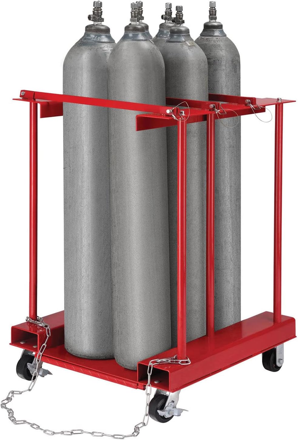 Global Industrial Mobile Forkliftable Cylinder Storage Caddy with Dissipative Chain, 6 Cylinders / 1500 Lbs Load Capacity, 34" W x 33" D x 41" H, Steel, Red