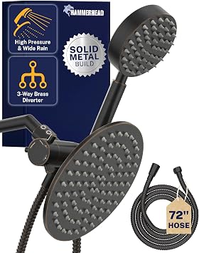 HammerHead Showers Solid Metal Dual Shower Head Combo OIL RUBBED BRONZE 8 Inch Rainfall High Flow Shower Head & Handheld Shower Head High Pressure with Hose 6ft - Hotel-Like Double Shower Heads