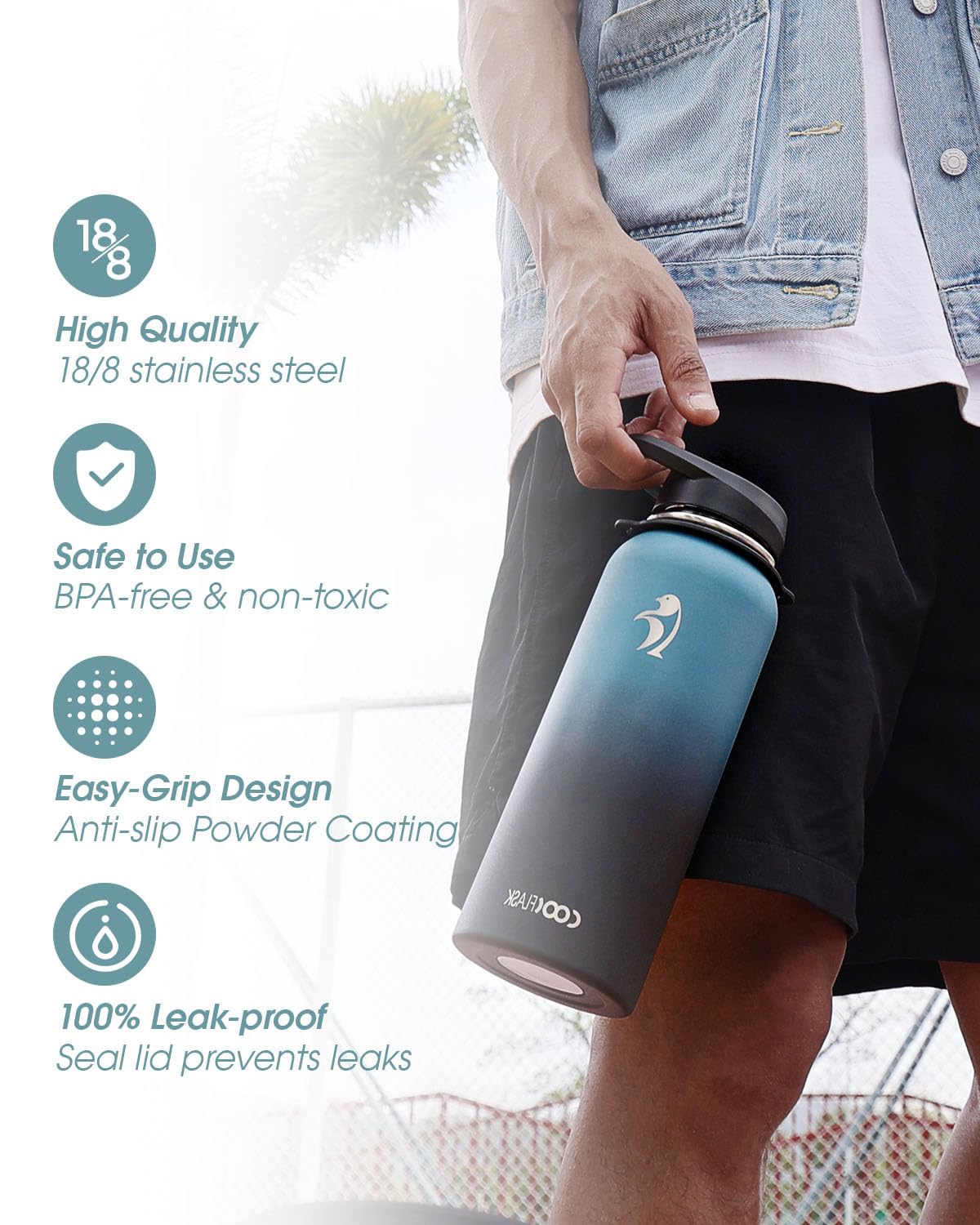 Coolflask Bouteille d'eau isotherme de 1183 ml avec sangle, carafe à eau en acier inoxydable avec paille et bouchon verseur, grande bouteille d'eau en métal, anti-fuite et sans BPA, noir indigo