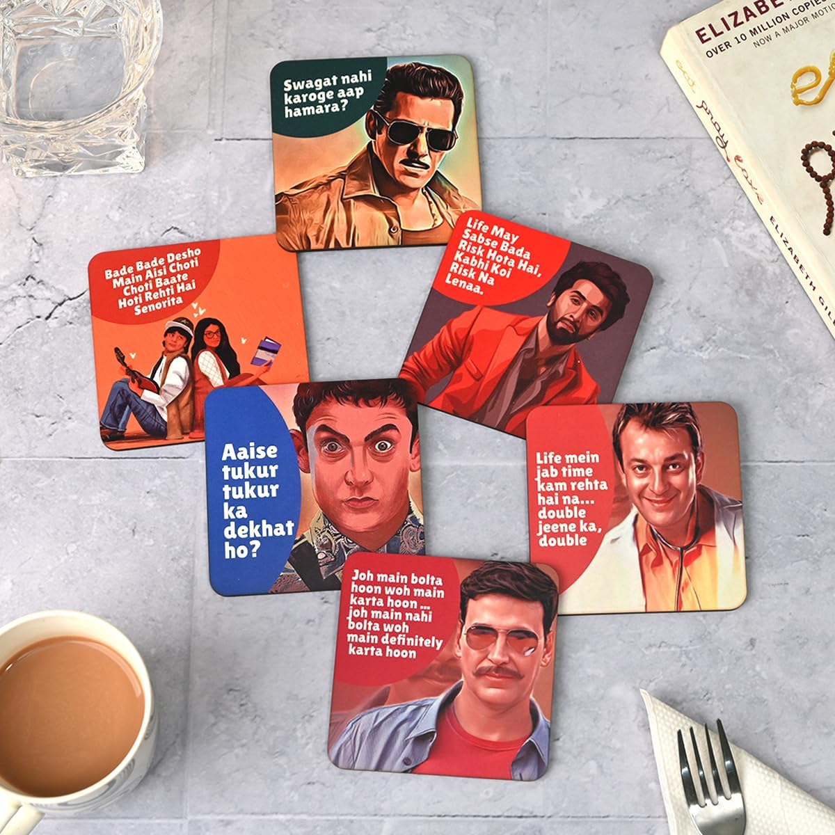 giftkyade Coaster Set Of 6 Multi Colour Wooden Coasters With Proper Coaster Stand Designer Coaster Set Fit For Tea Cups, Coffee Mugs And Glasses (Square Ecofriendly Bollywood)