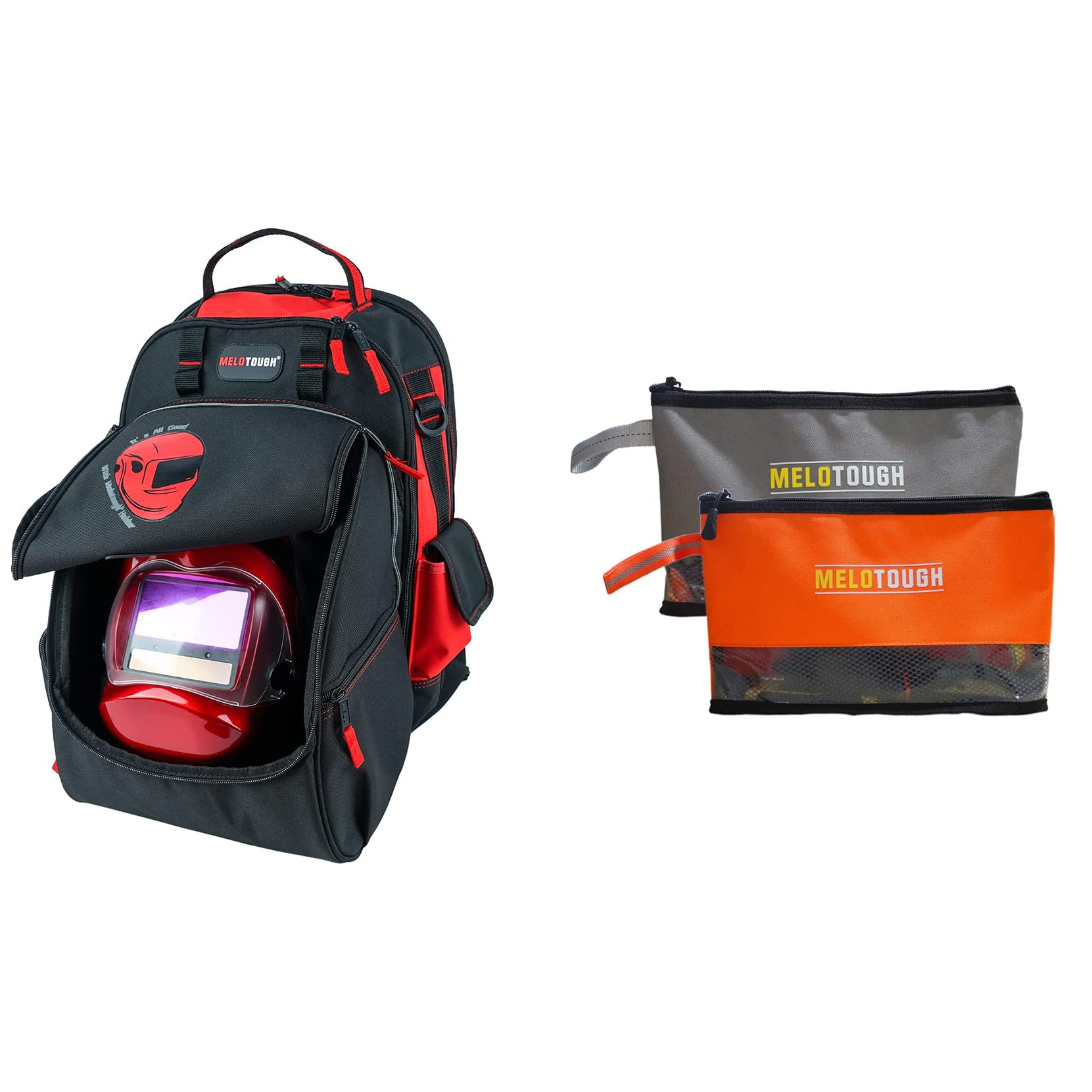 MELOTOUGH Welding Tool Backpack Extreme Gear Pack with Large Capacity Helmet Holder Luggage Storage Bag + Small Tool Pouch Fastener Bag Zipper Pouches