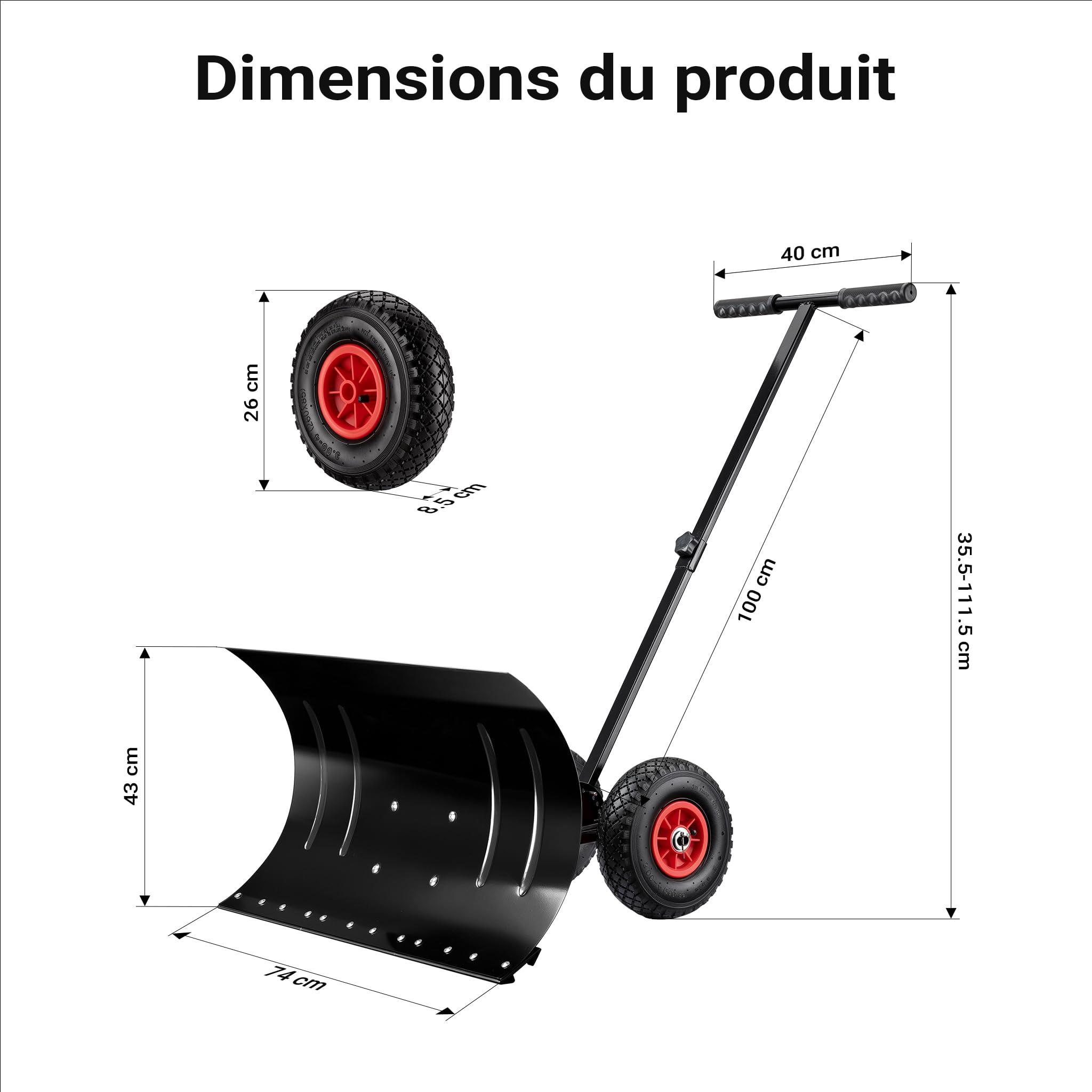 Wiltec Pelle à Neige sur Roues gonflables – Lame de 74 x 43 cm – Longueur poignée 100 cm – en PVC et Acier – Chasse Neige Manuel pour déneigement