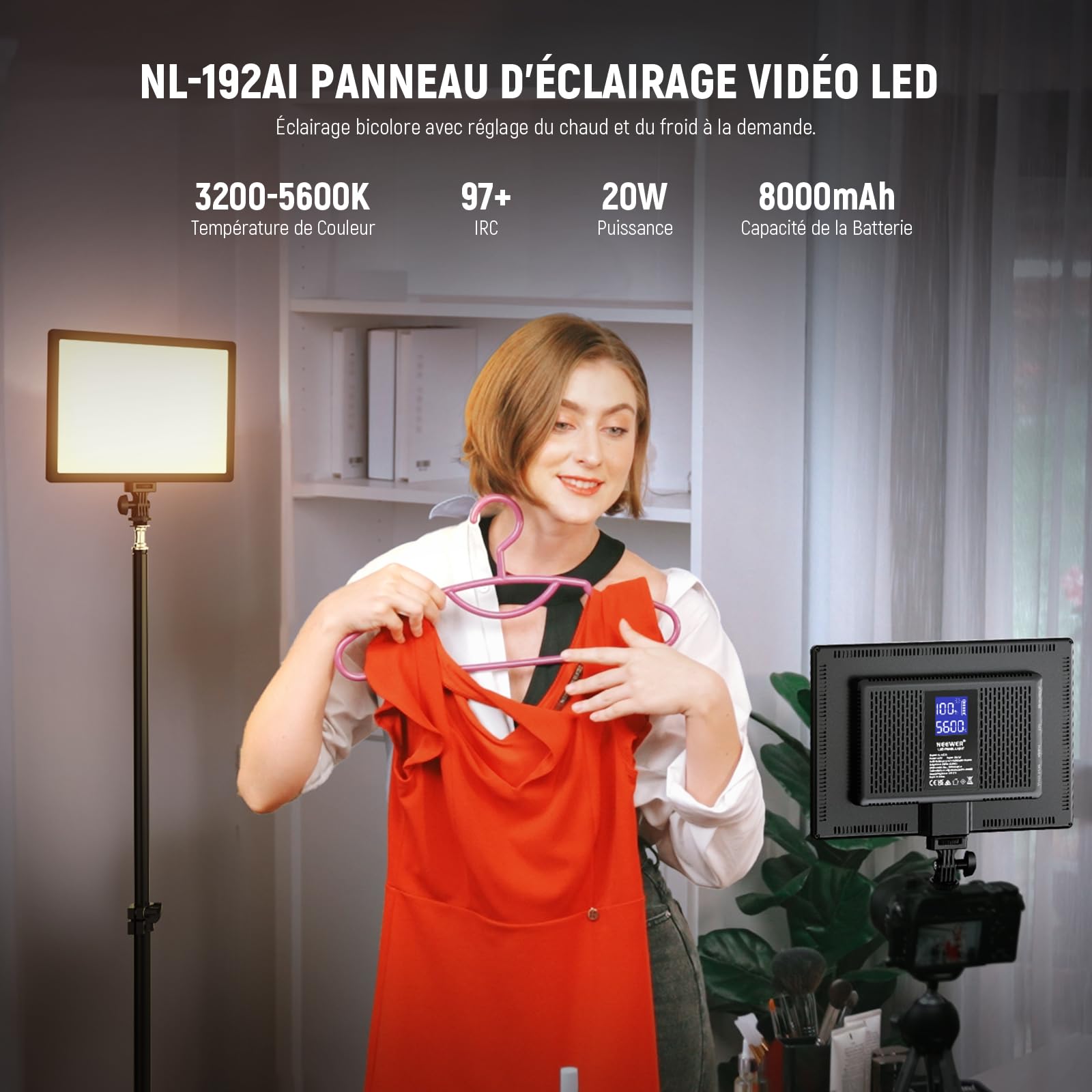 NEEWER Panneau Lumineux 192 LED, 20W Lumière Soft Ultra-Fine Bicolore Dimmable pour Caméra DSLR, Batterie Lithium Intégrée 8000mAh, 3200-5600K CRI97+ Éclairage pour Photo, Vidéo, Streaming en Direct