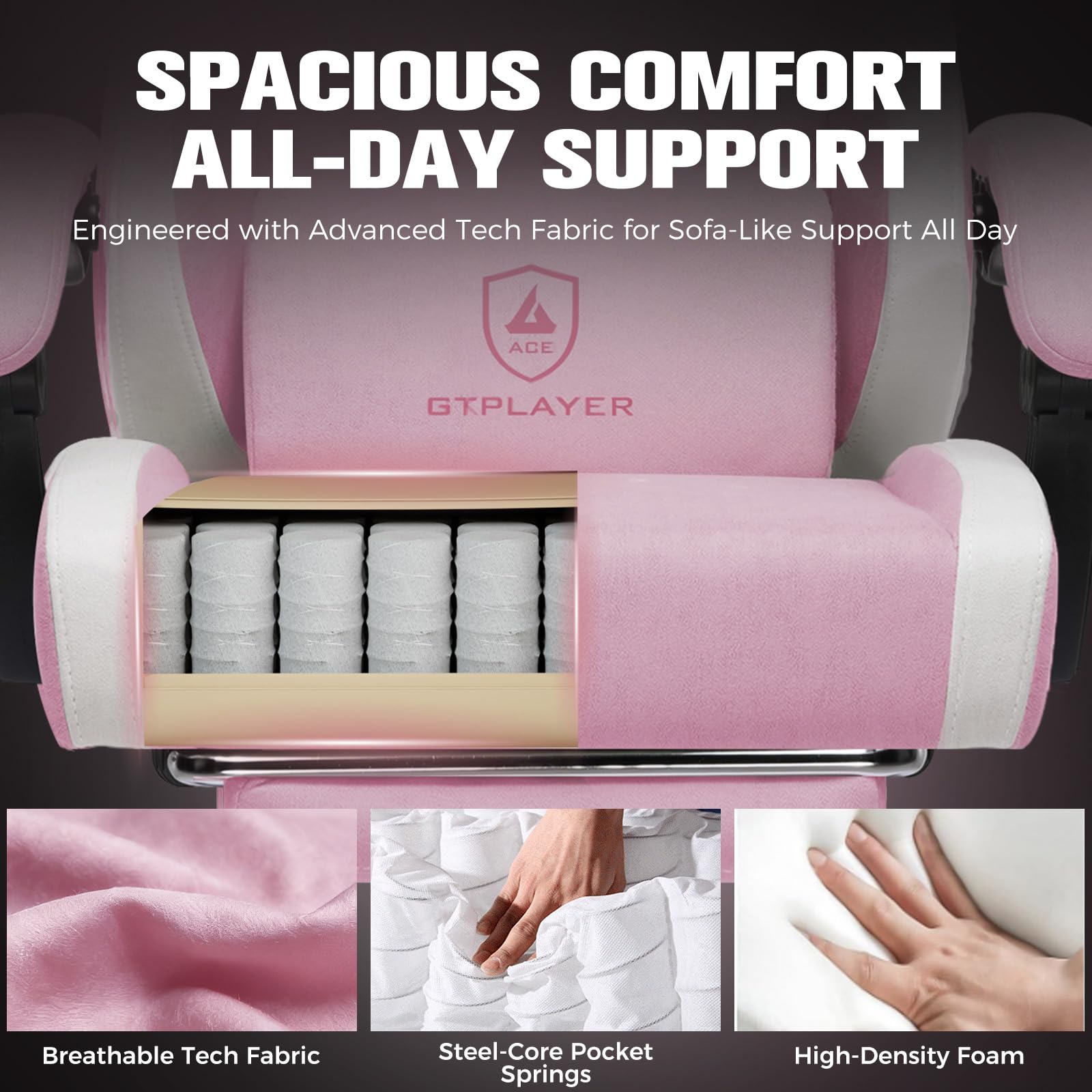 GTPLAYER Silla de Gaming ergonómica, Silla de Oficina de Tela Transpirable, Grande y Alta, giratoria, con reposapiés, Soporte Lumbar Regulable y reposacabezas, Rosa