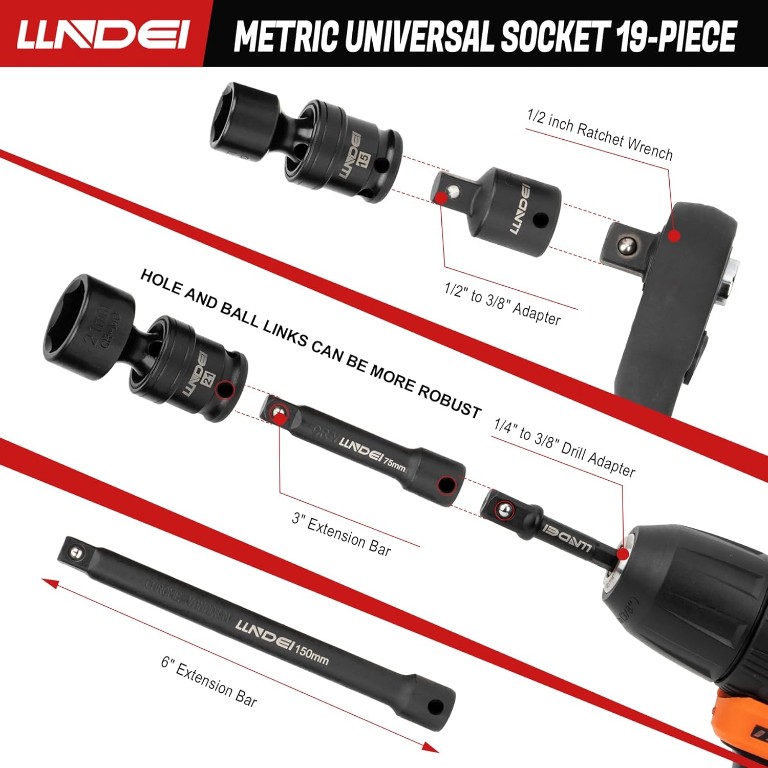 LLNDEI 3/8" Drive Universal Impact Socket Set, 19 Pieces CR-MO Swivel Socket Set, Metric(8-22mm) Wobble Sockets 6 Point with Extension Bars, Adapter and Black Organizer