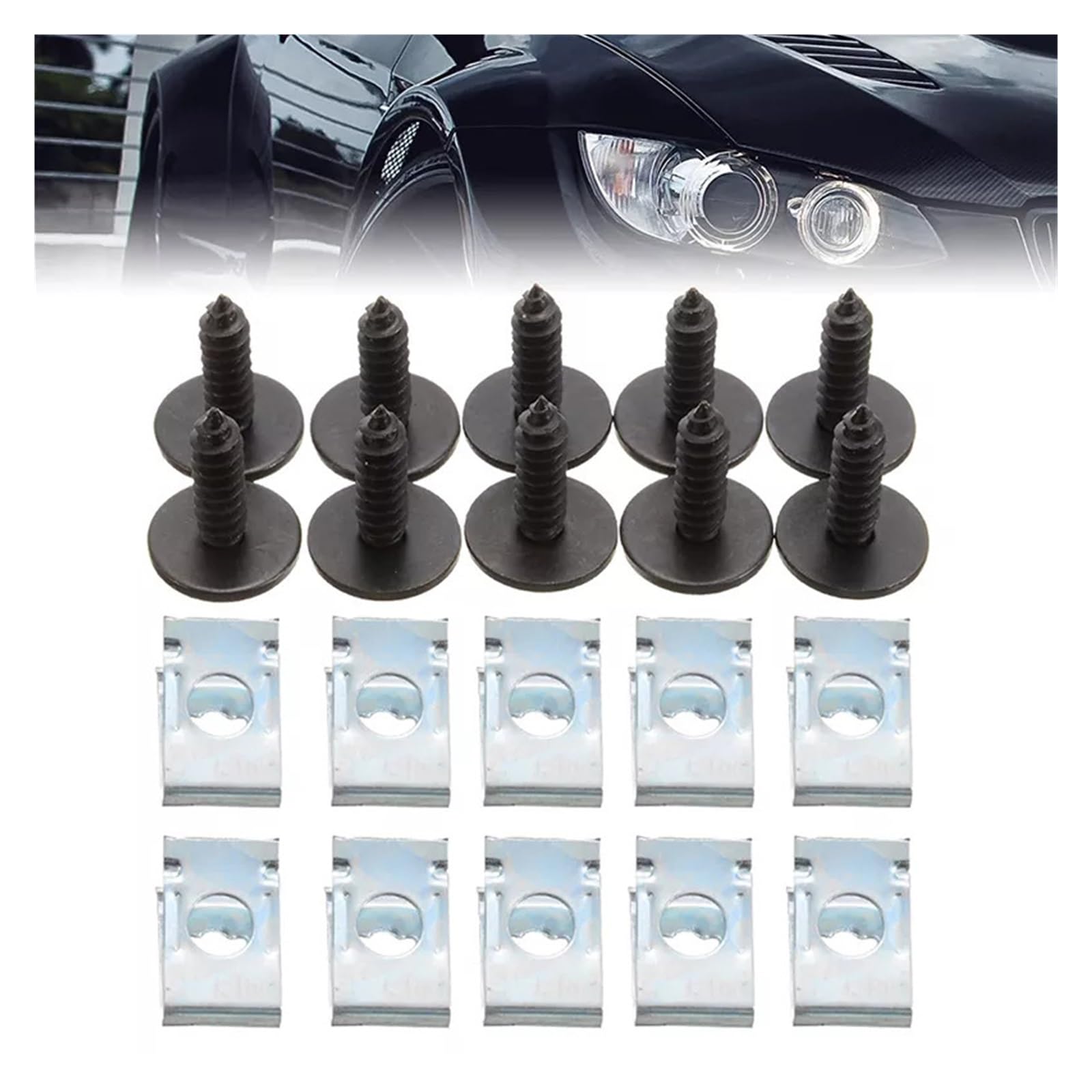 CLENEA 20pcs Chassis Engine Guard Metal Nut/Screw Washers U-Shape Clip Auto Fender Bumper Cross Head Screws Set, One-size