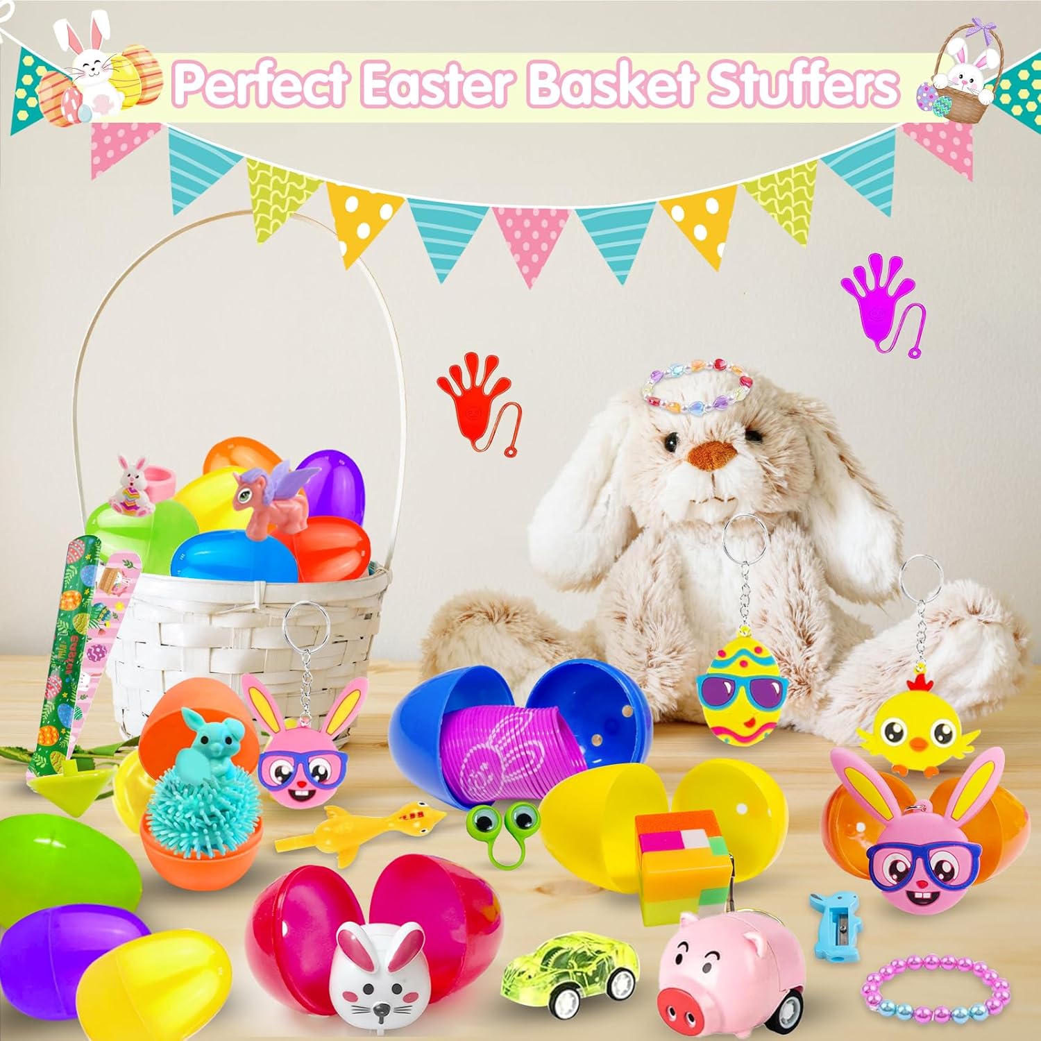 100PCS Prefilled Easter Eggs with Novelty Toys, Plastic Easter Egg Fillers Toys Bulk for Easter Egg Hunt, Easter Basket Stuffers for Kids Toddler Boys Girls Goodie Bag Easter Eggs Filled Party Favors