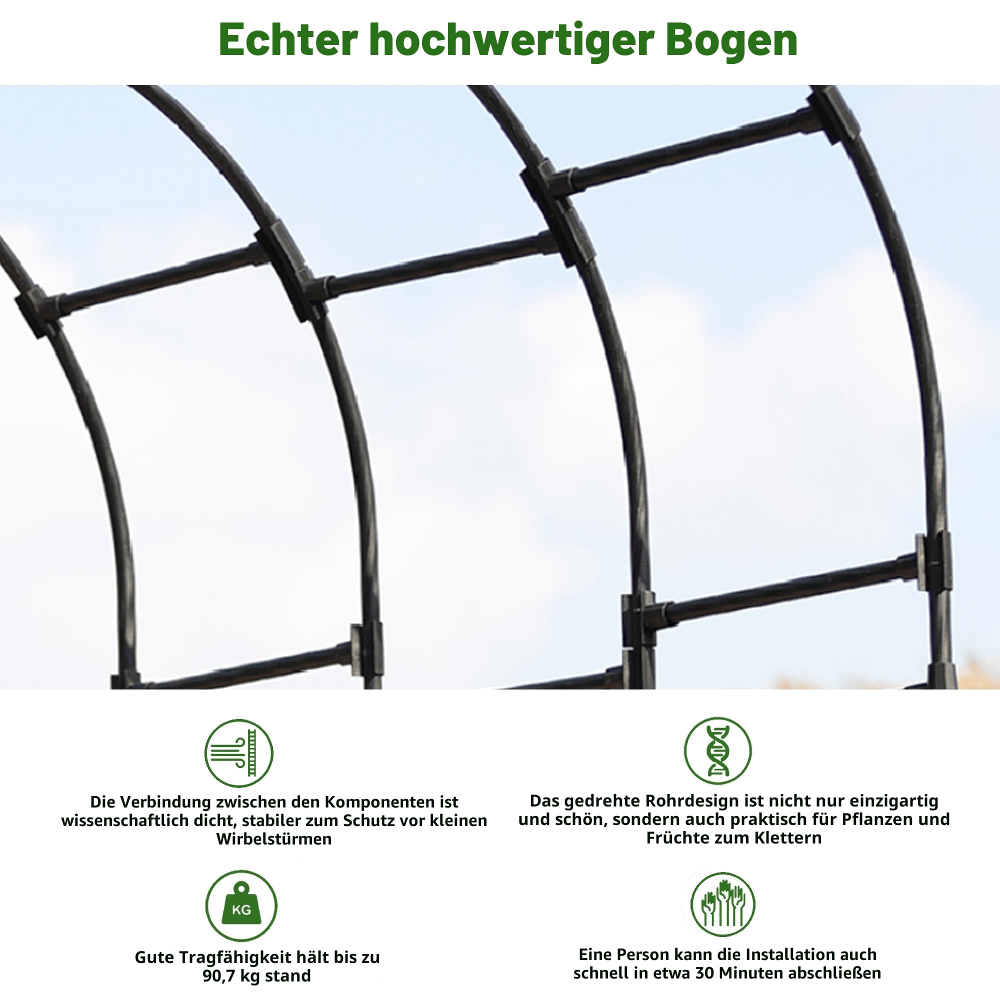 Caroeas Rosenbogen aus Metall, Stabiler Gartenbogen mit 20 mm verstärkten verzinkten Stahlrohren, rostfrei – 180x240x40 cm – Ideal als Rankhilfe für Kletterpflanzen