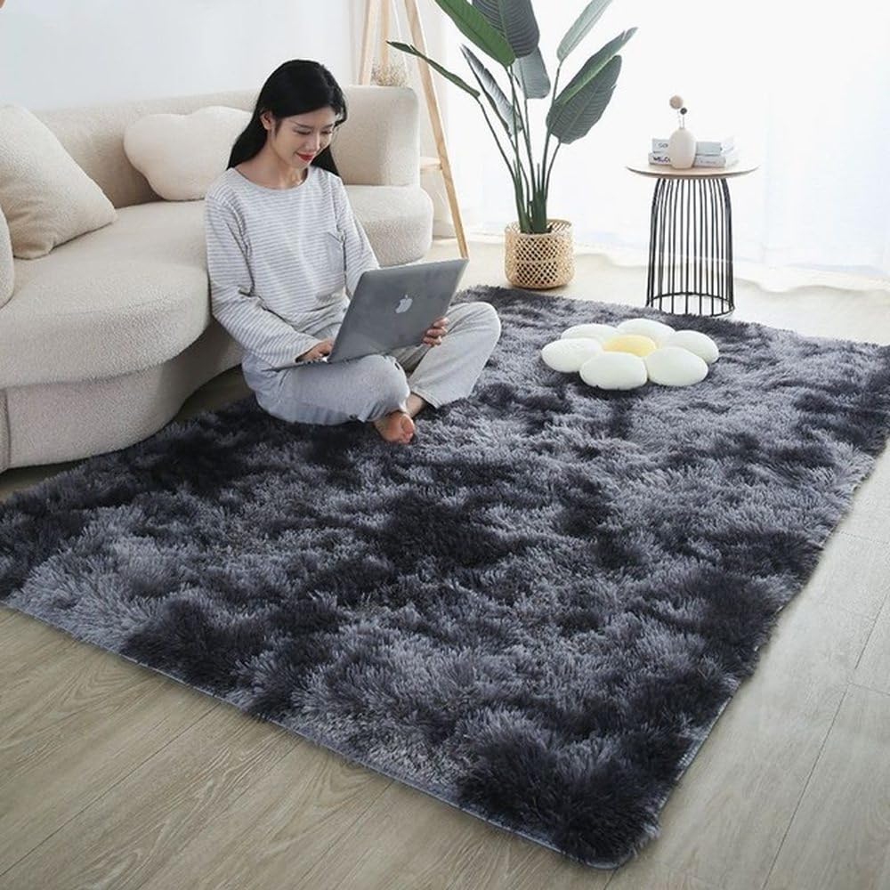 Tapis en fourrure tie dye gris foncé 80x120 cm pour salon moderne