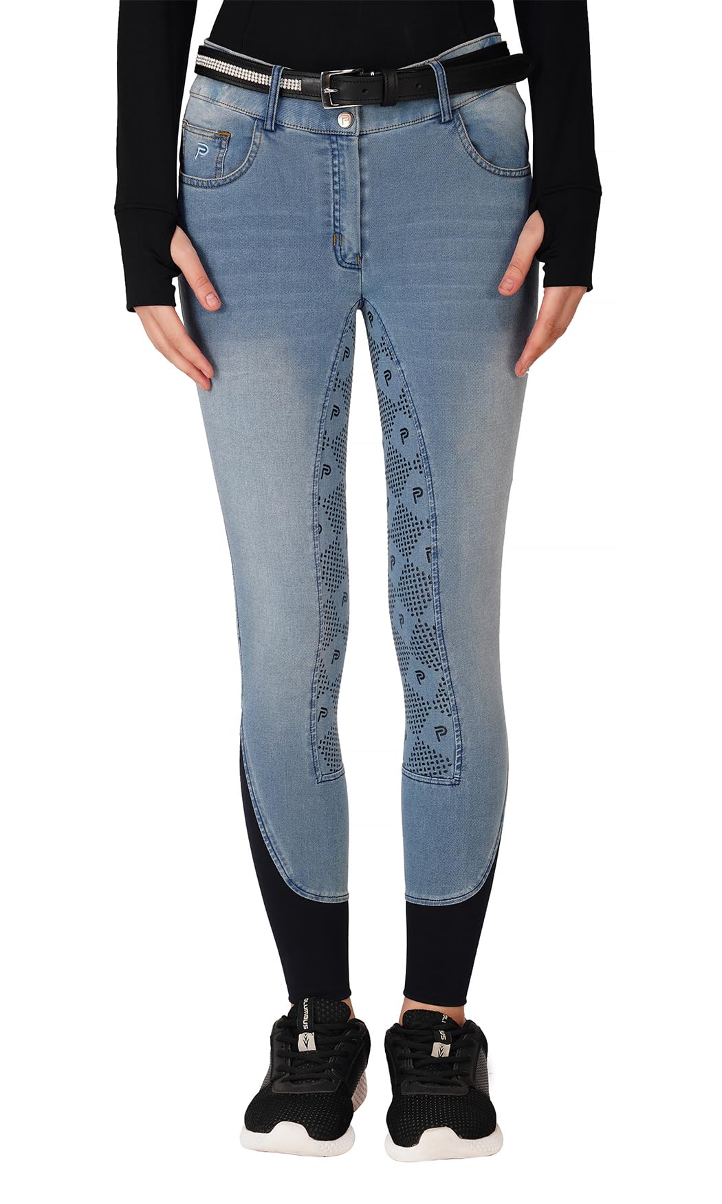 Preto Pantalones de equitación de mezclilla para mujer, con asiento completo, agarre de silicona, suaves, elásticos, pantalones ecuestres con bolsillos
