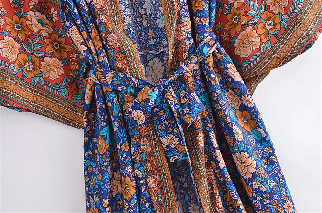 Disimlarl Kimono da donna con stampa floreale, stile bohémien, con scollo a V, maniche a pipistrello, maxi copricostume