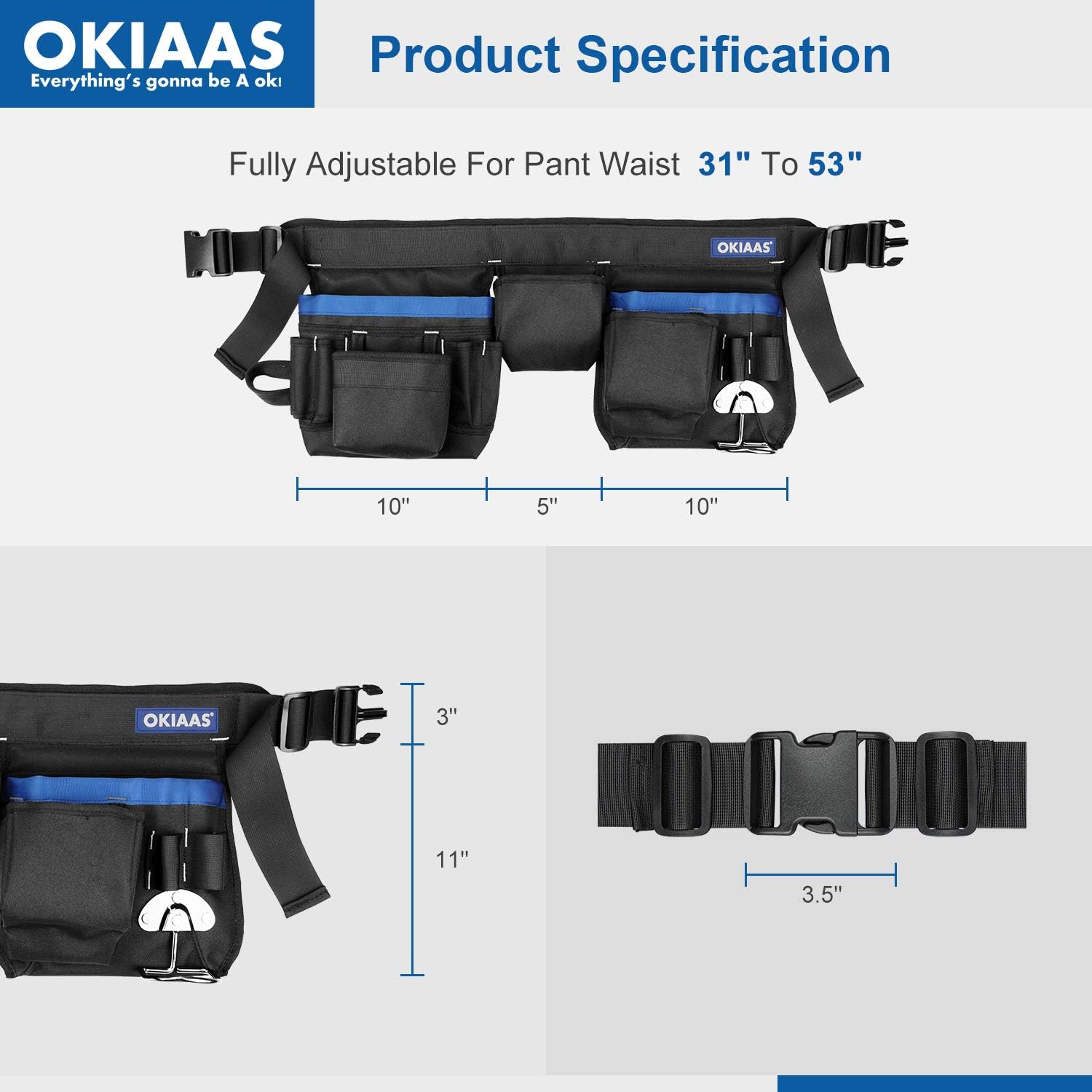 OKIAAS Tool Belt, 21 Pockets, Adjustable Waist From 31”To 53”, Heavy Duty Tool Pouch Bag For Electrician, Carpenter, Framer, Construction, Gardening, Cleaning - - 