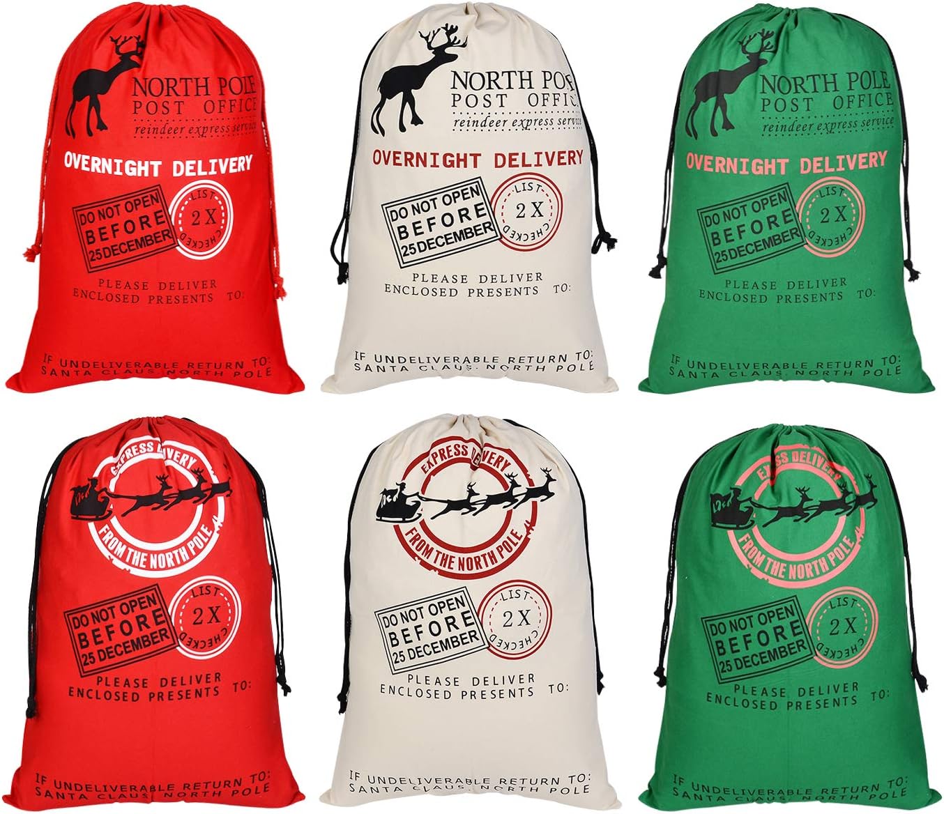 Faylapa 6 Pack Christmas Large Santa Sacks,Canvas Stocking with Drawstrings Reusable Designs,19.7 X 27.5 Inch Xmas Present Bag
