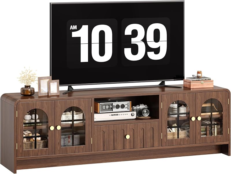 IRONCK 70 Inch TV Stand with Arched Glass Doors for Living Room, Walnut image 7