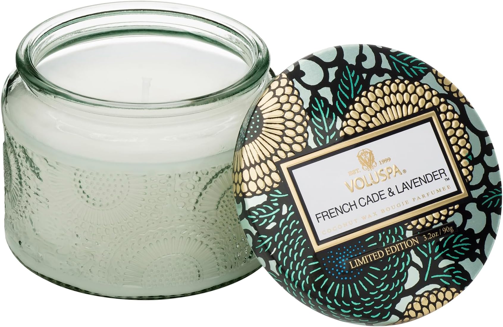 Voluspa French Cade Lavender Candle | Petite Embossed Glass Jar | 3.2 Oz. | 25 Hour Burn Time | Vegan | Coconut Wax and Natural Wicks for Clean Burning | Hand Poured in USA | Non-Toxic Candle