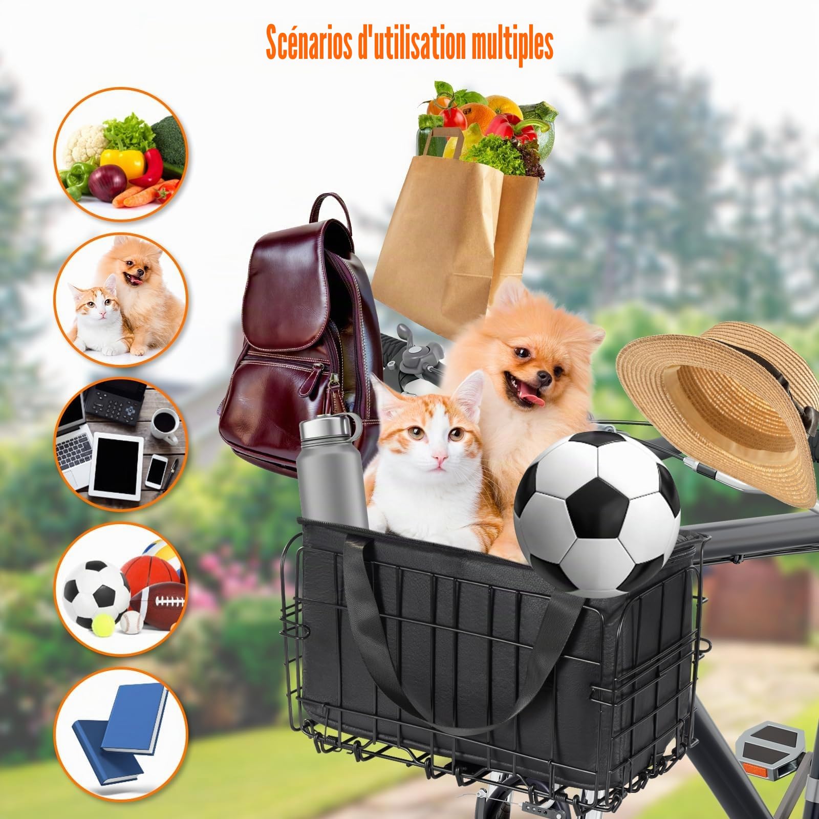 Panier de vélo pliable avec poche intérieure noire, panier de vélo imperméable pour l'avant et l'arrière, sacoche de vélo pour accessoires de VTT, pour animaux de compagnie, courses, navette