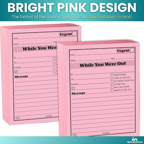 1InTheOffice While You Were Out Message Pad, Message Pads, Pink, 4 1/4 x 5 1/2, 50/Pad, 12 Pack