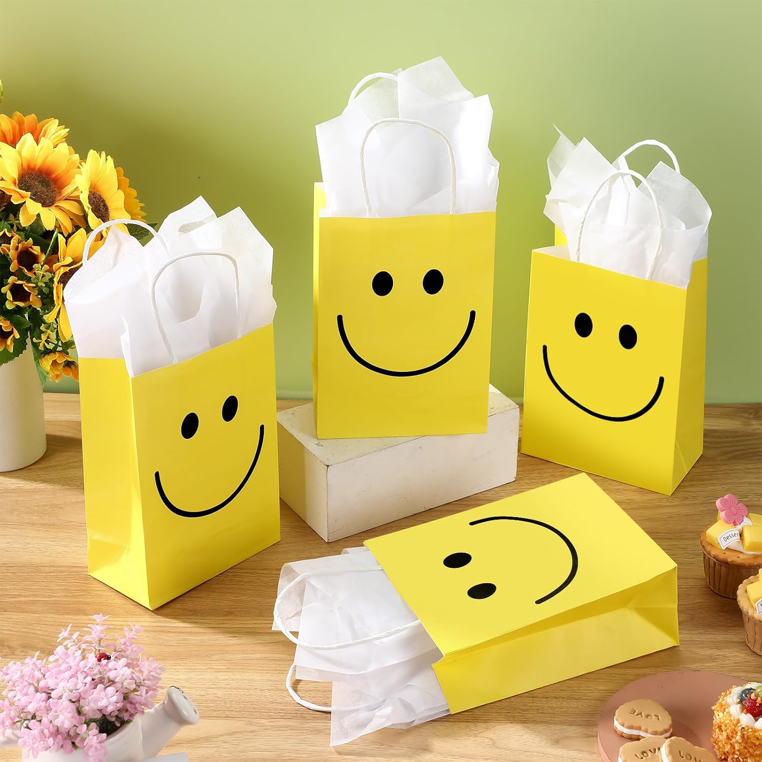 Kosiz 50 Sets Smile Face Gift Bags Yellow Bags with Handles Baby Shower Goodies Face Paper Bag with Tissue Valentines Day Gift for Kid Student Birthday Weddings Party Favor