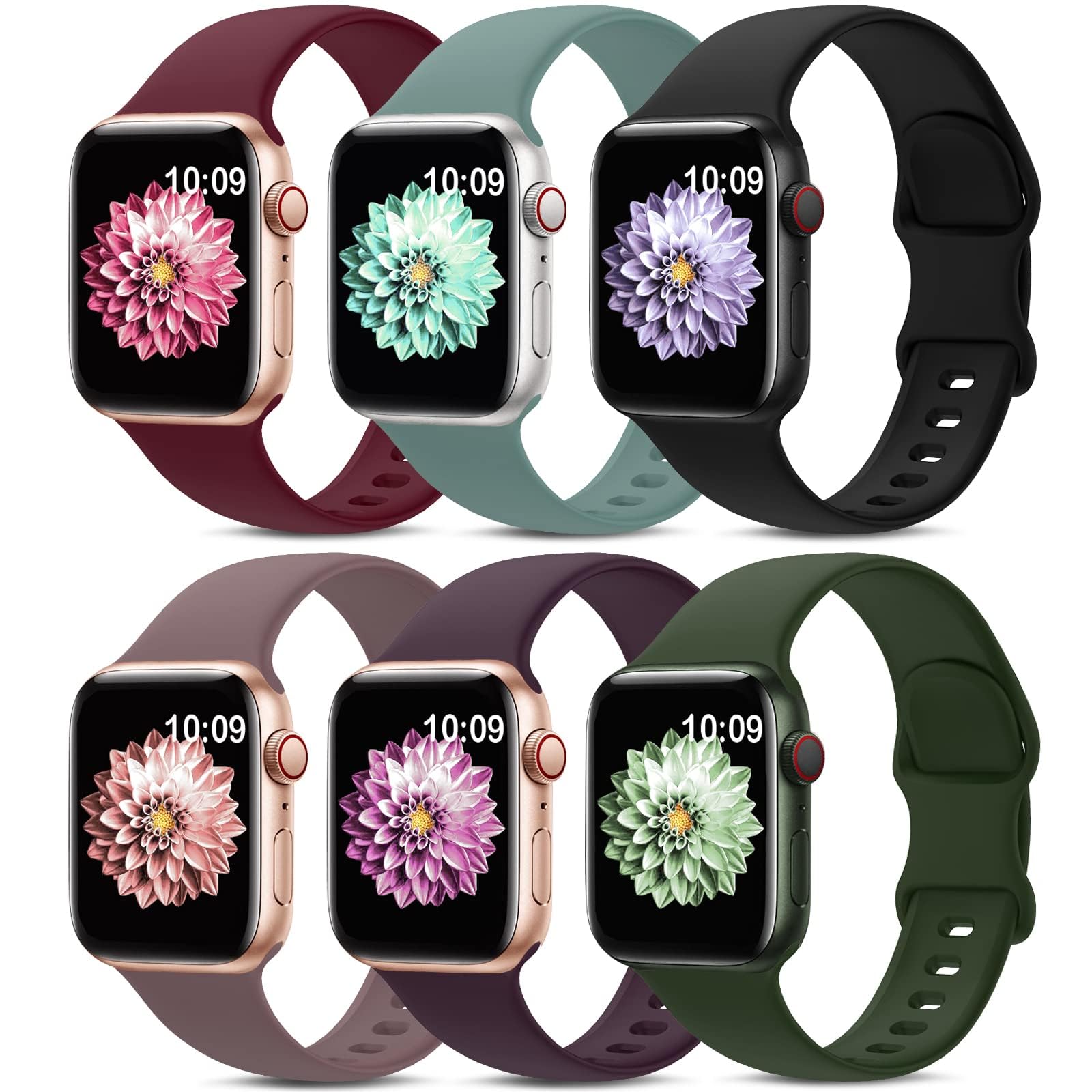 AMSKY 6 Pezzi Cinturini Compatibile con Cinturino Apple Watch 40mm 44mm 46mm 45mm 42mm 41mm 38mm 49mm Donna Uomo, Sportivi Silicone Compatibile con Apple Watch Se Ultra Series 10 9 8 7 6 5 4 3 2 1