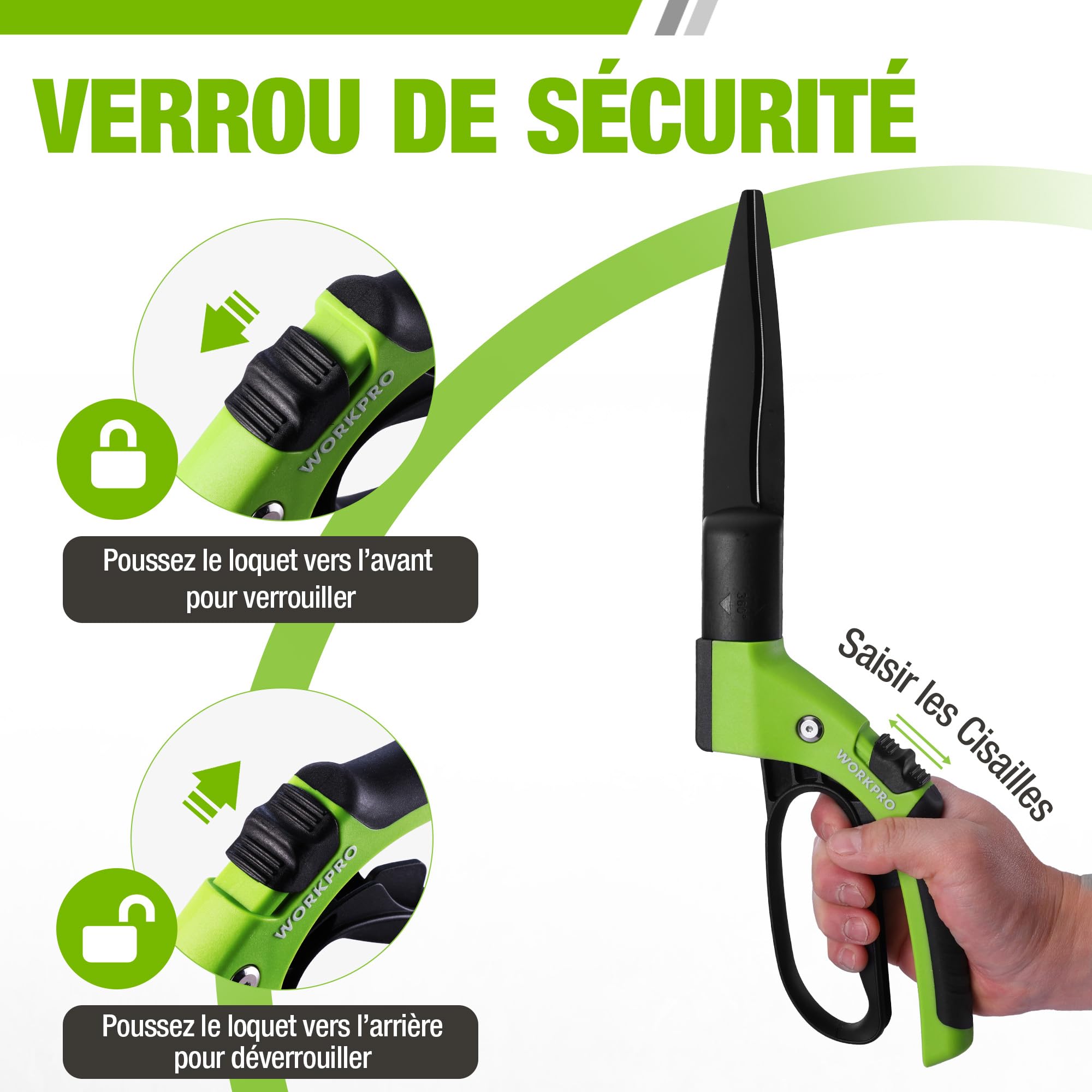 WORKPRO Cisailles à Gazon 360° Rotatives avec Lames en Acier, 16 Positions | Poignée Ergonomique Antidérapante, Outil Léger pour Bordures de Pelouse et Entretien du Jardin