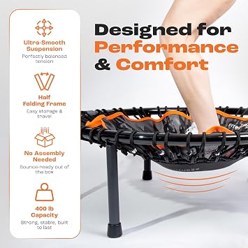 MXL FIT Bounce PRO Bungee Rebounder - Premium Indoor Mini Trampoline for Adults Silent Low-Impact Bounce, Half-Folding with Foldable Steel Legs & Carry Bag - 40 400lb limit