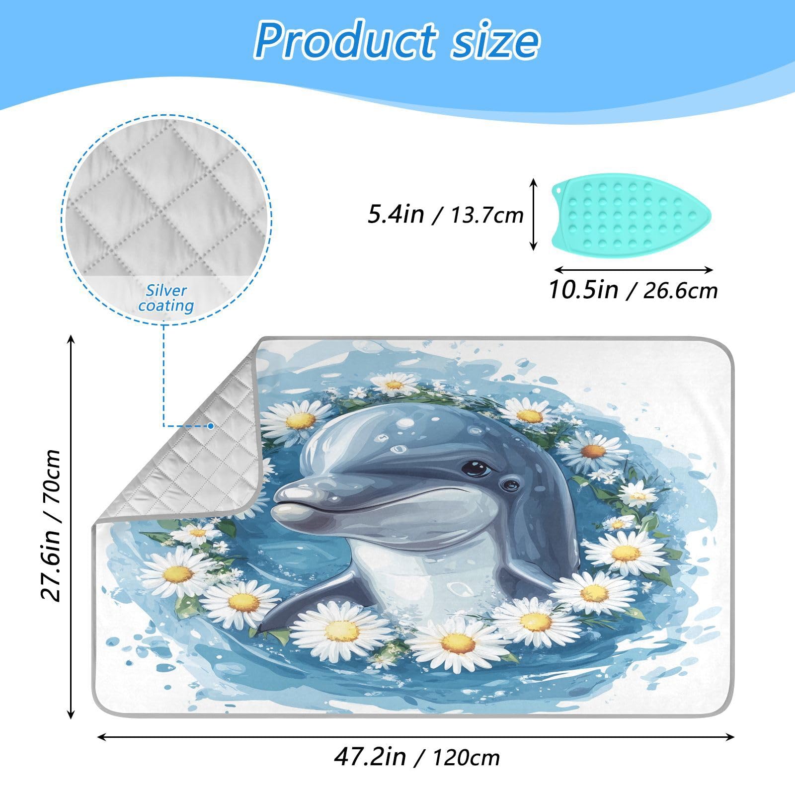 pnyoin Portable Ironing Mat Cute Dolphin with Daisies Travel Ironing Pad with Silicone Iron Rest for Steam Pressing on Tabletop or Bed Heat Resistant Portable Quilting & Travel Blanket