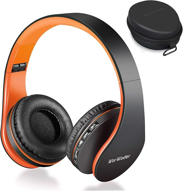 Wireless Bluetooth Over Ear Stereo Foldable Headphones,Wireless and Wired Mode Headsets with Soft Memory-Protein Earmuffs,Built-in Mic for Mobile Phone PC Laptop (Black-Organge)