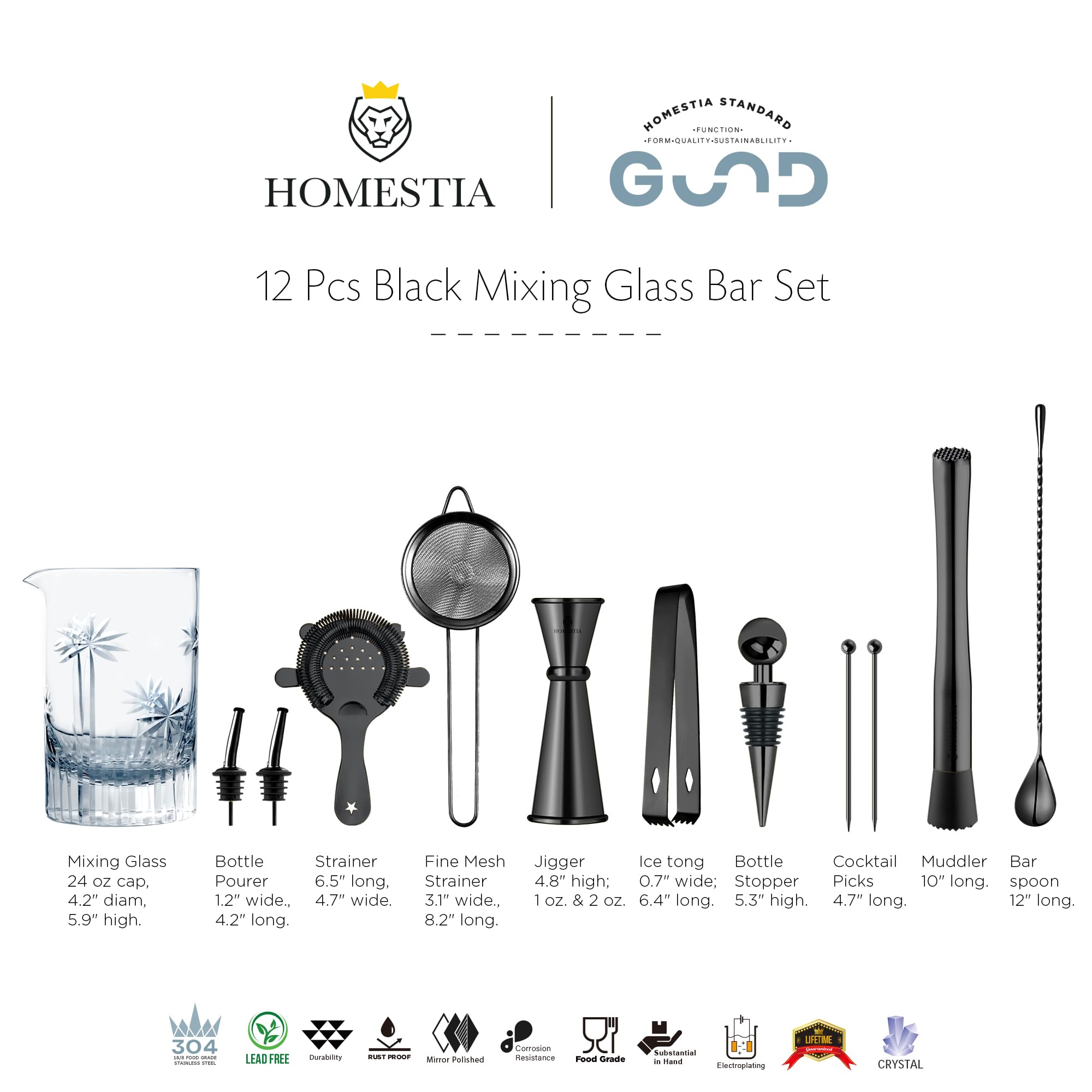 Homestia Juego de 12 vasos mezcladores de cóctel negros – Kit de cristal de camarero de 24 onzas con espino y colador de malla, medidor, mortero, cuchara de bar, pinzas de hielo y vertedores para