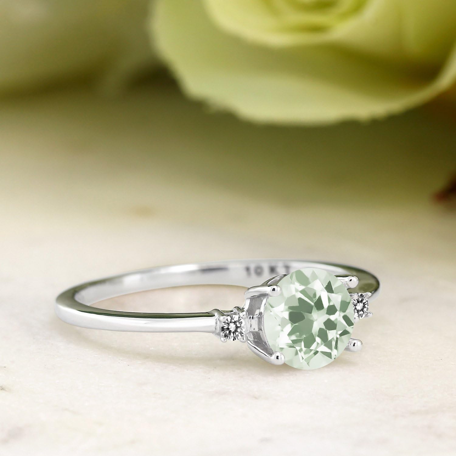 Gem Stone King 10K White Gold Green Prasiolite and White Diamond Solitaire Engagement Ring For Women (0.98 Cttw, Round 6MM, Gemstone Birthstone)
