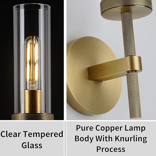 Miniatura 3 de Juego de dos apliques de pared moleteados de latón, apliques de pared de 14 pulgadas para interiores, apliques de pared dorados para baño, luces de