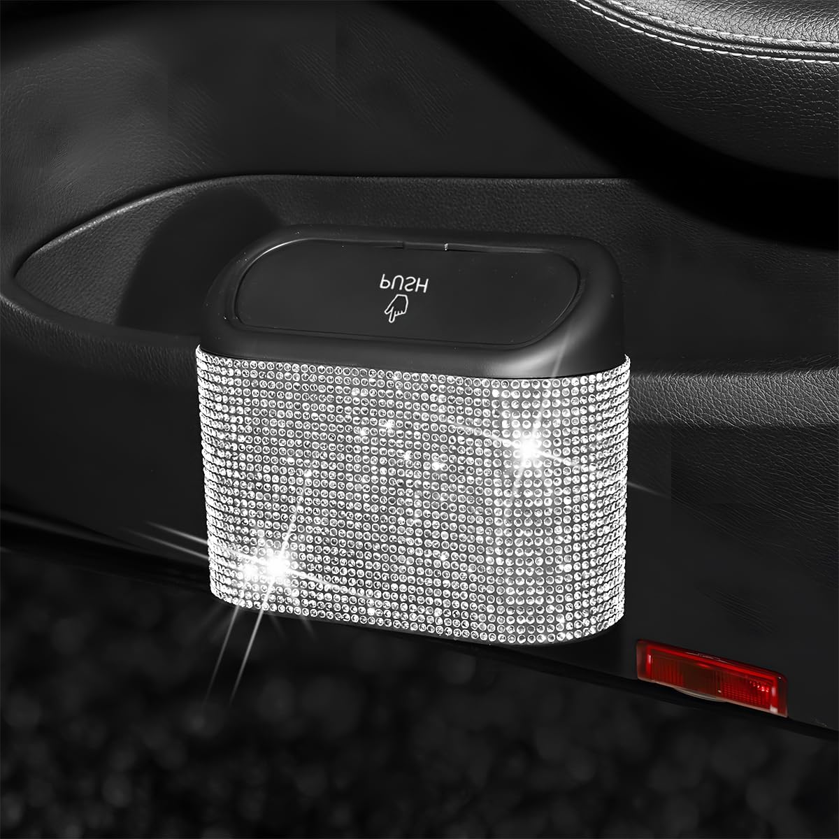AICEL Bling Car Trash Can with Lid, Crystal Rhinestones Leakproof Auto Garbage Hanging Container Bin, Multipurpose Diamond Dustbin Storage Organizer, Universal Vehicle Accessories (White) image 3