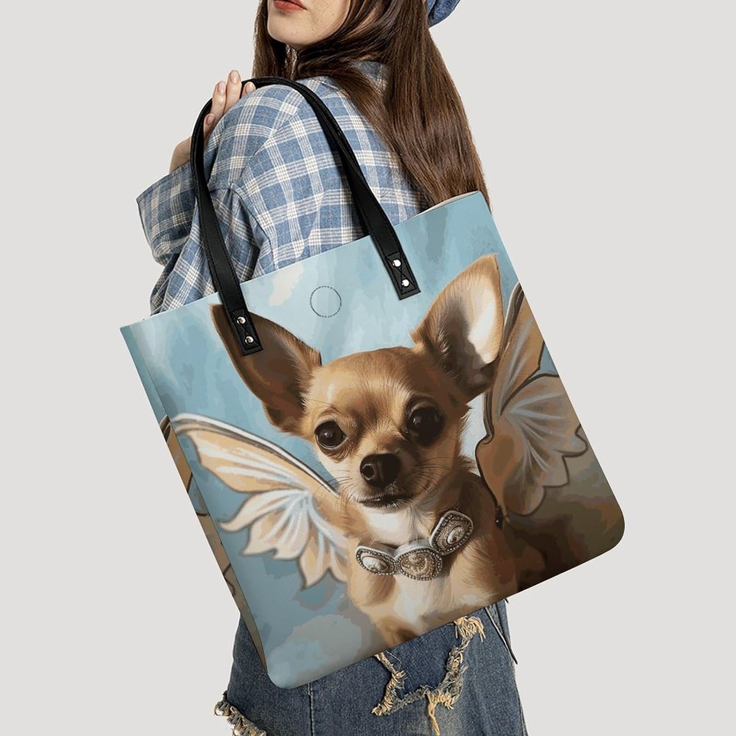 Brown Chihuahua Angel Wings Handbags Large Capacity, Tote Bag Stylish Slouchy, Shoulder Bags for Work Beach Travel And Shopping Grocery.