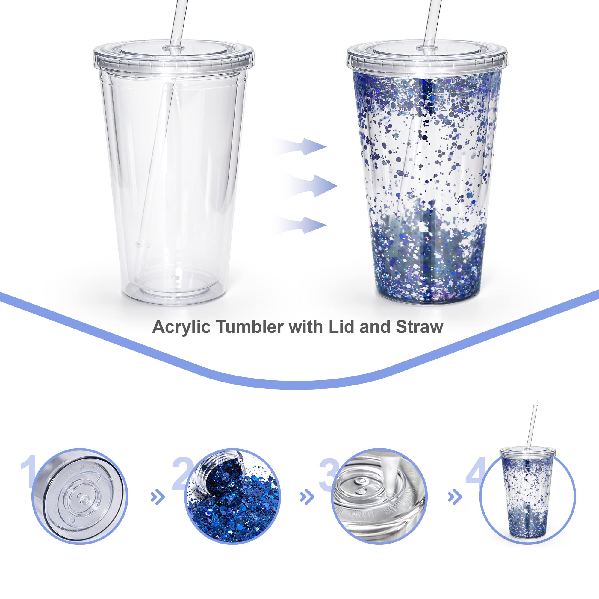 sweet grain Juego de 25 vasos acrílicos con tapa y popote, de 16 onzas, con aislamiento de plástico de doble pared, vaso grande reutilizable para café helado con purpurina