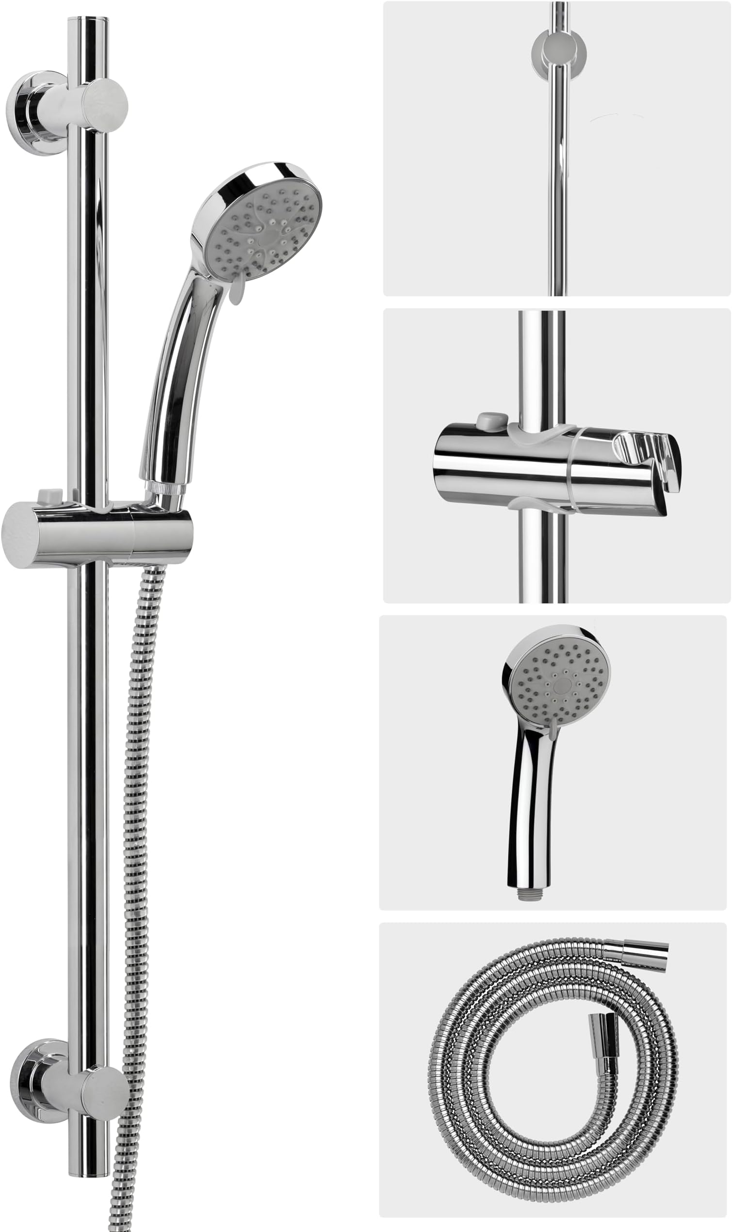 Croydex Essentials Three Function Shower Riser Rail Kit - 69cm Riser Rail, Shower Head with 3 Spray Patterns, 1500mm Reinforced PVC Shower Hose, Adjustable Slider and a Soap Shelf