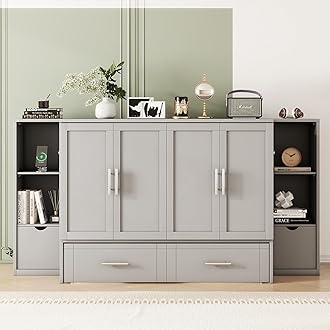 Full Size Murphy Bed with Bookcase on Each Side, Solid Wood Mobile Murphy Chest Bed with Drawers and USB Ports, Modern Platform Murphy Bed for Guest Room Home Office (Gray-N7)