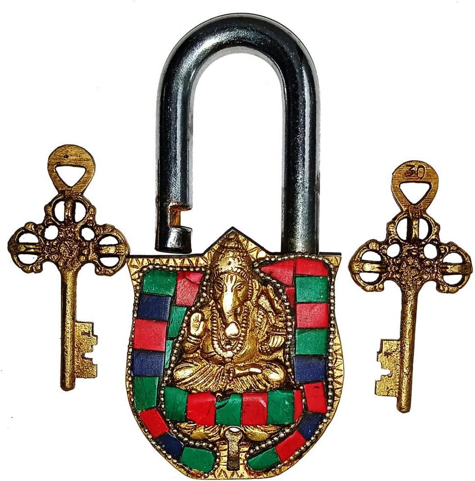Purpledip Brass Lock Padlock Ganesha: Antique Design with Colorful Gemstones; Unique Collectible Combination of Beauty & Security with Religious Significance (11093)