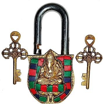 Purpledip Brass Lock Padlock Ganesha Antique Design with Colorful Gemstones; Unique Collectible Combination of Beauty & Security with Religious Significance 11093