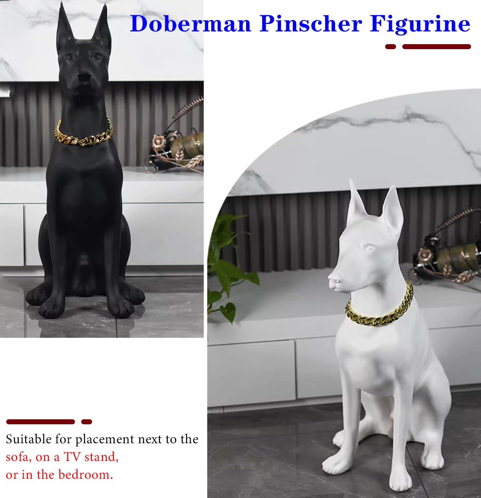 Manekin Realistyczny Manekin Psa z Obrożą, Duża Statua Dobermana Naturalnej Wielkości, Rzeźba Psa do Prezentacji Ubrań dla Zwierząt, Figurka Psa do Dekoracji Zewnętrznych(Black,Standing)