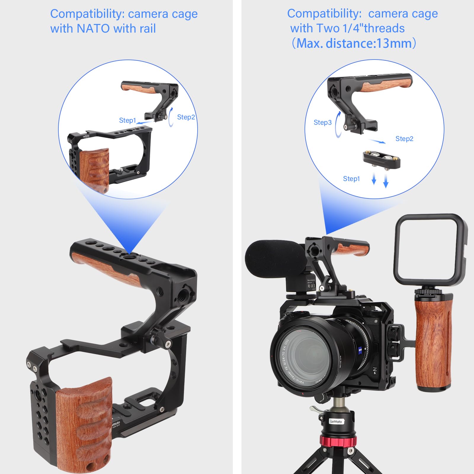 Leftfoto Top Handle Wood & Metal Grip Quick Release Handgrip with NATO Rail Kit,with NATO Clamp Compatible with Camera Cage Video Rig Anti-Off Designed - Image 4