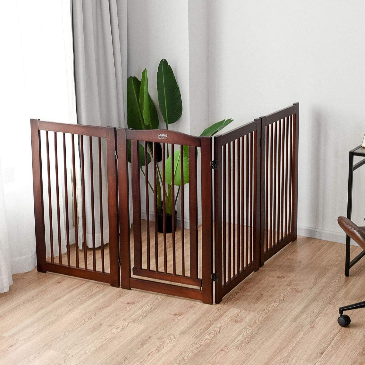 PETSJOY 36''H Configurable Folding Free Standing Panel, Wood Pet Dog Safety Fence, Wide Barrier Gate with Walk-Through Door in 2…