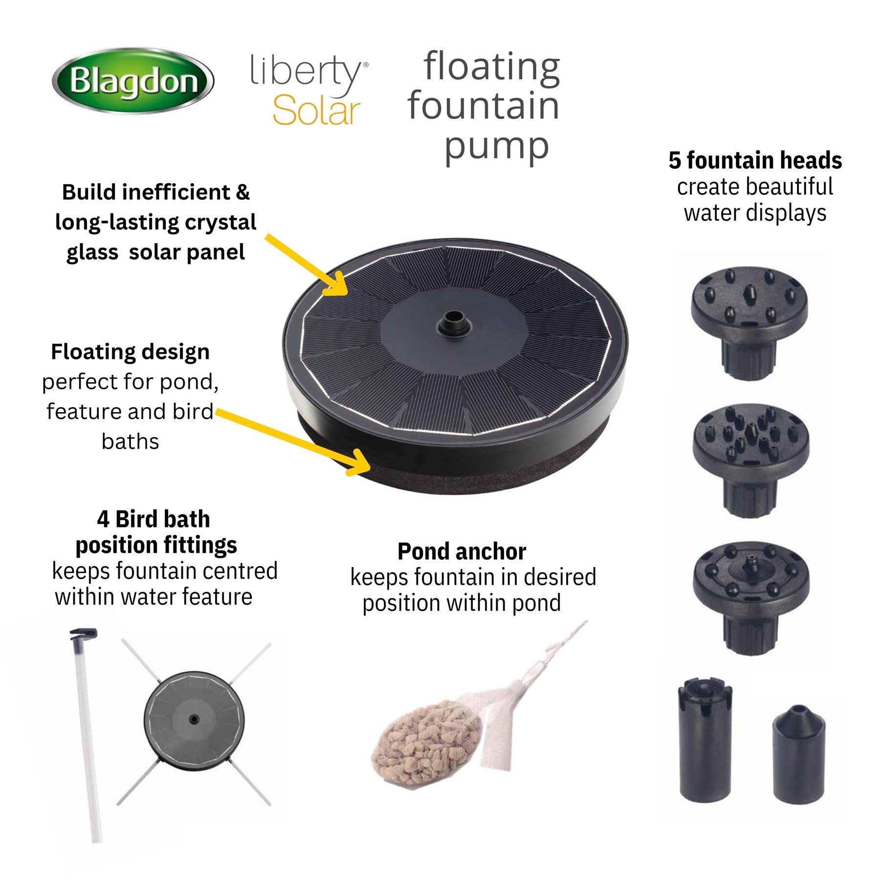 Blagdon Liberty - Pompa a fontana galleggiante solare per piccoli laghetti, giochi d'acqua, vaschette per uccelli, con pannello in cristallo, cinque display a fontana, tutti gli accessori inclusi,
