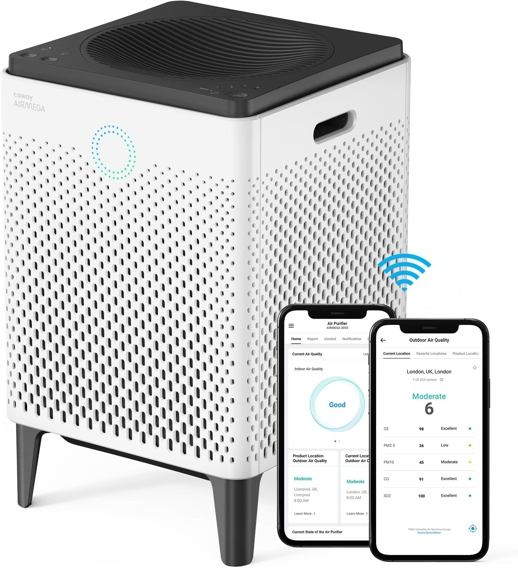 COWAY AIRMEGA 300S - Air purifier for a space up to 149 m² - GreenHEPA - Removes 99.999% of all particles, viruses, bacteria, and aerosols down to the nano size of 0.01 µm* - ECARF certificate