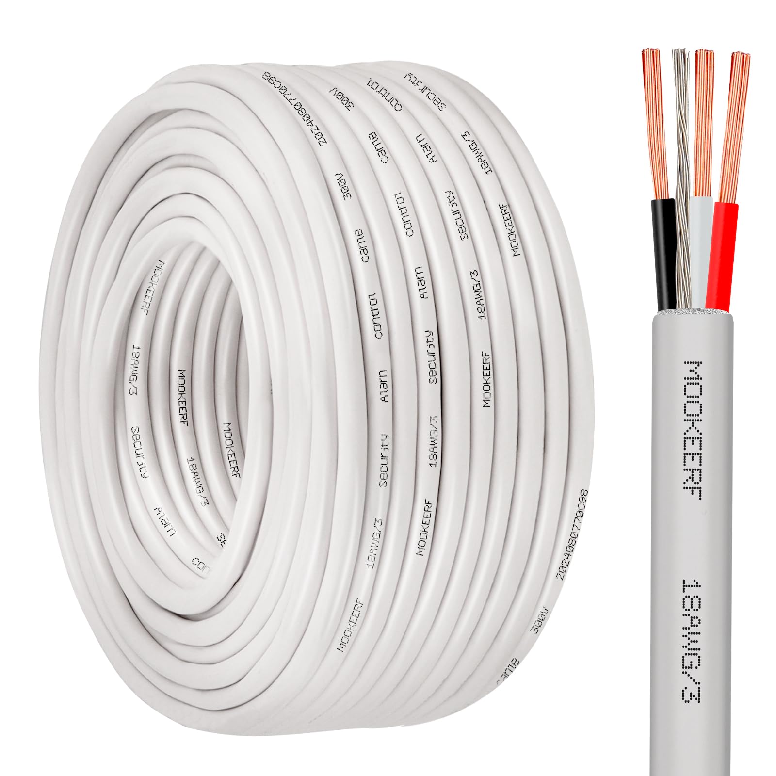 MOOKEERF 18/3 Shielded Wire 18 AWG 3 Conductor Stranded Shielded Plenum Cable 100FT White CL3P Jacket for Security/Alarm/Access Control/Sound-18AWG 3