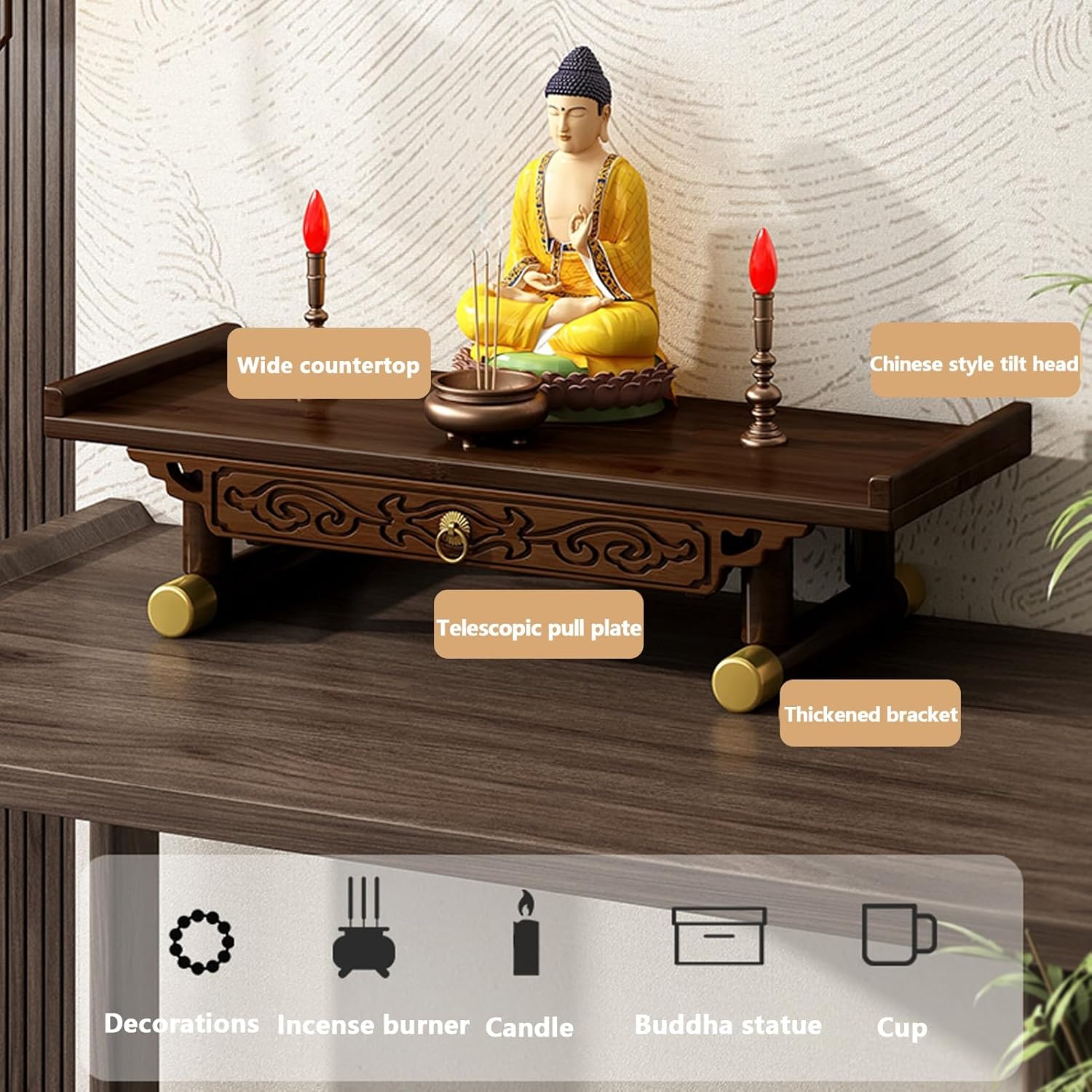 Personal Shrine Altar Table, Meditation Table, Buddha Niche Chinese Cabinet with Storage, Bamboo Buddha Display Pedestal Offering Tables, Ideal for Home Decor and Meditation(66cm/25.9in)