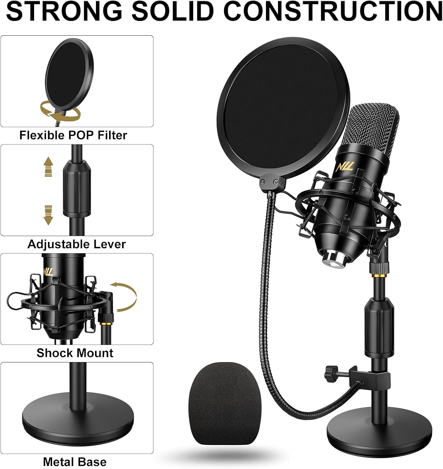USB Microphone Studio Recording Mic Kit,192KHz/24bits NLL Condenser Computer PC Mics, Plug & Play Podcast Mic with Desk, Shock Mount, Pop Filter, for Streaming, Broadcasting, Gaming, Meeting NC-012 : Musical Instruments