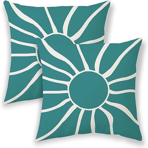 BETGINY Fundas de almohada de verano para exteriores de 18 x 18 pulgadas, 2 unidades, color aguamarina, verde azulado, crema y sol, bohemia,